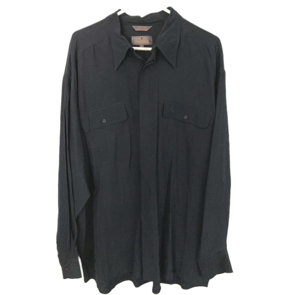 Vtg Bugatchi Uomo Shirt Mens XL Black 100% Silk Long Sleeve Button Front Pockets
